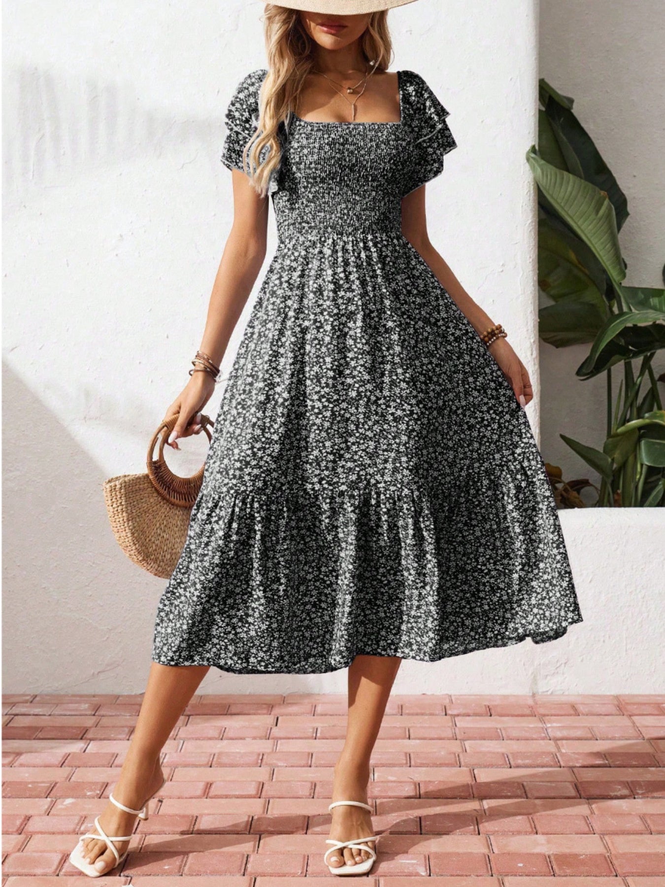 Floral Print Smocked Ruffle Sleeves Dress