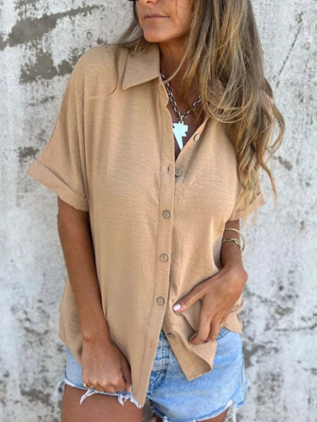 Full Size Collared Neck Half Sleeve Shirt Plus Size