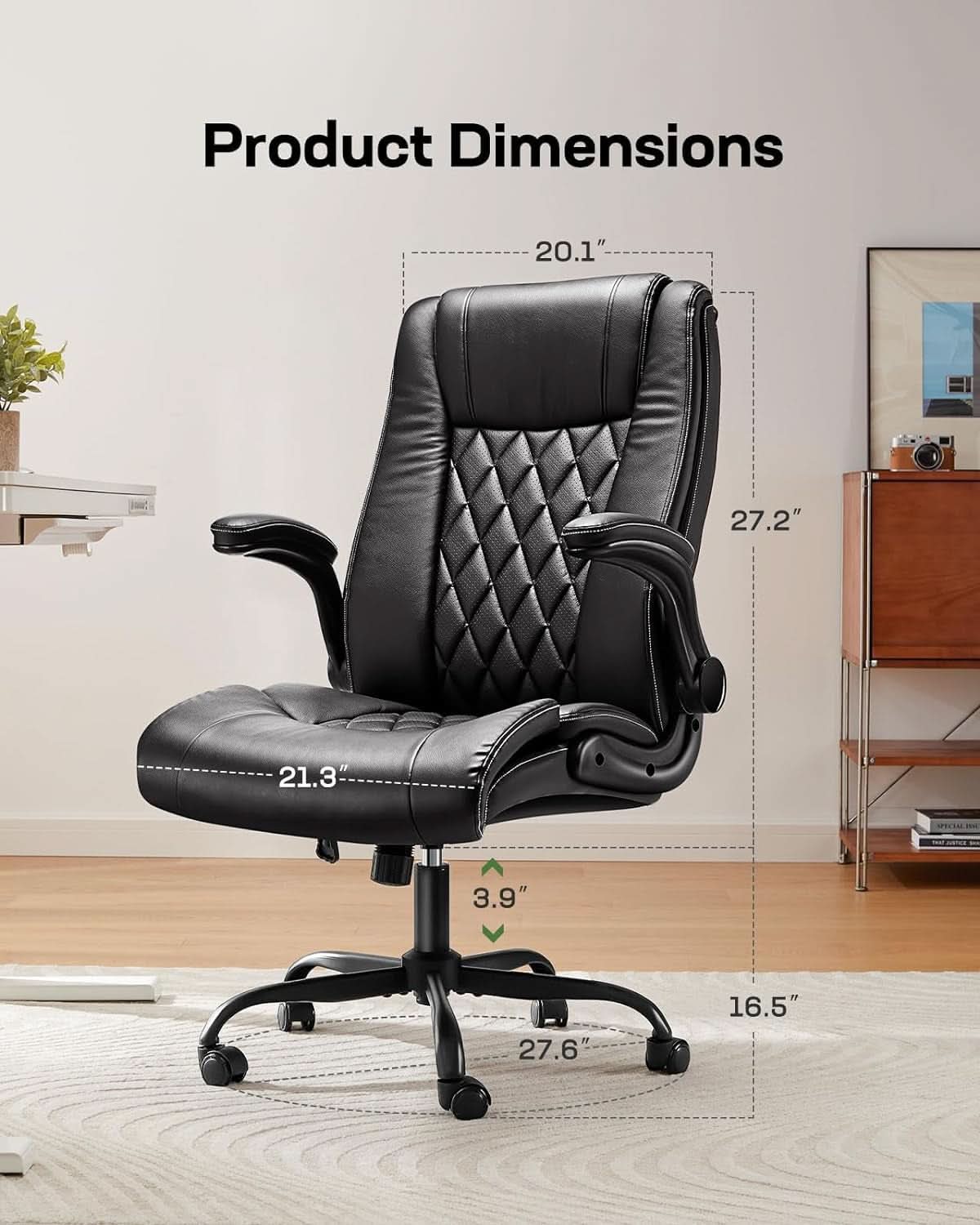 Silla de oficina ejecutiva con reposabrazos abatibles de piel sintética negra