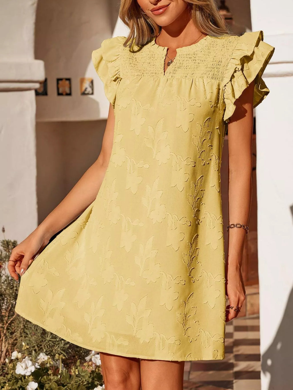 Floral Embossed Ruffle Sleeve Mini Dress