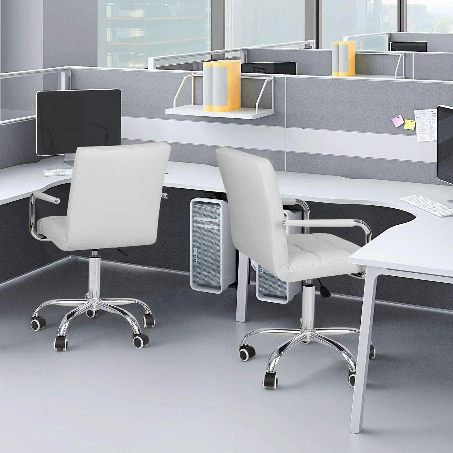 White PU Leather Desk Chair With Wheels Mid Back Office Chair