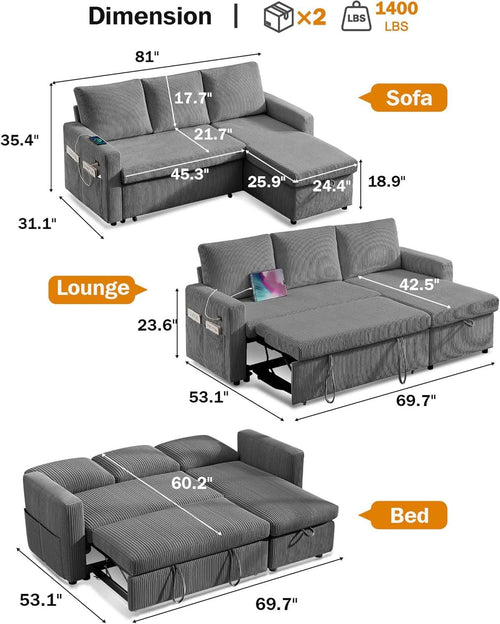 81 Inch Corduroy Velvet GreyTone Sleeper Sofa Pullout