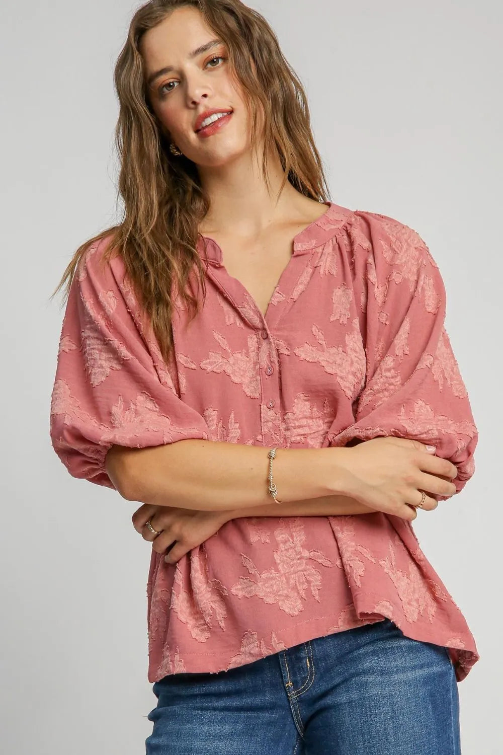 Umgee Full Size Notched Button Detail Half Sleeve Blouse Plus Size