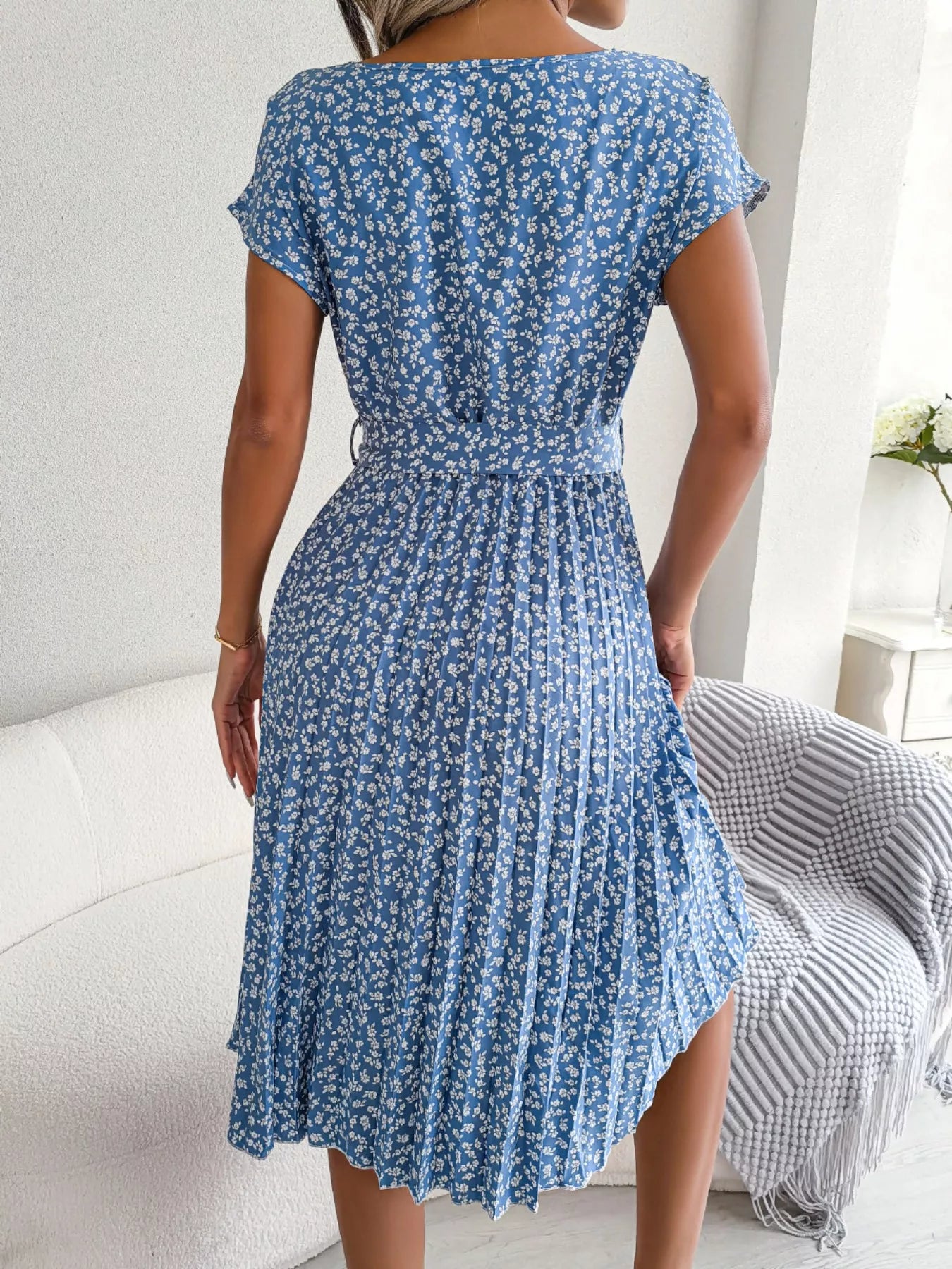 Women's Floral Pleated Midi Dress with Belt – Casual Spring Style