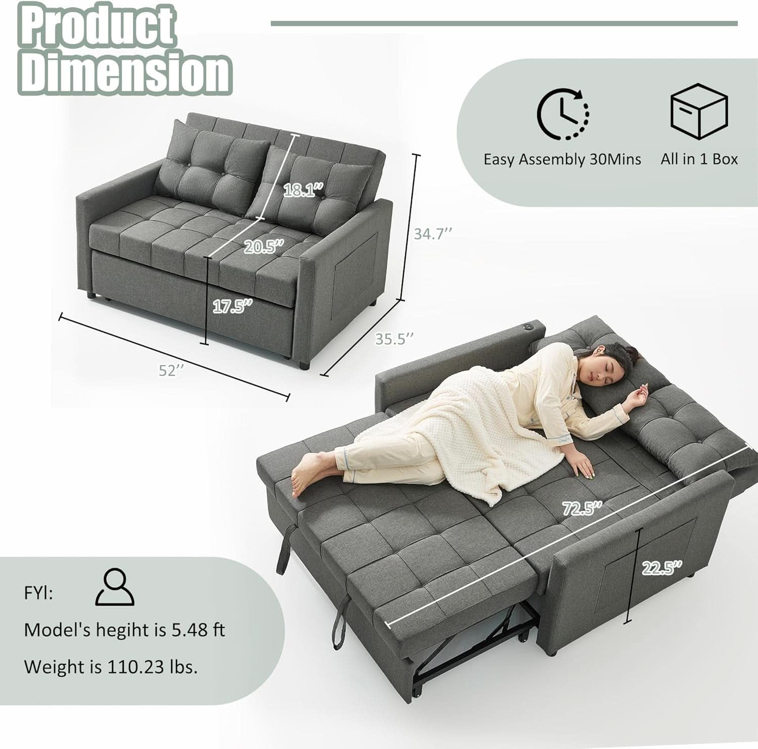 Sofá cama de 52 pulgadas con cama extraíble, tapizado en tela gris