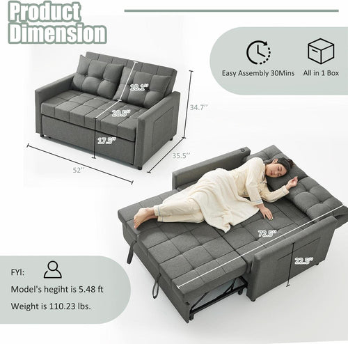 Sofá cama de 52 pulgadas con cama extraíble, tapizado en tela gris
