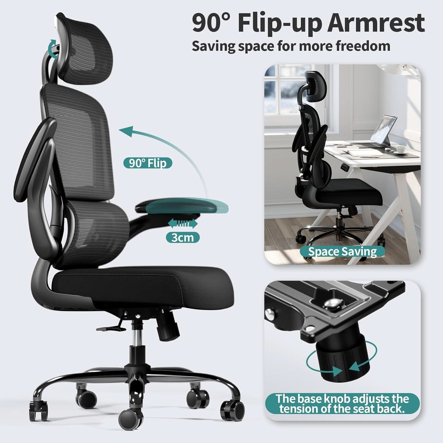Silla de oficina ergonómica negra de respaldo alto con ruedas