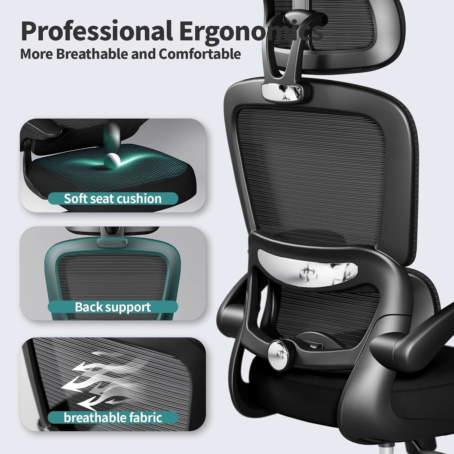 Silla de oficina ergonómica negra de respaldo alto con ruedas