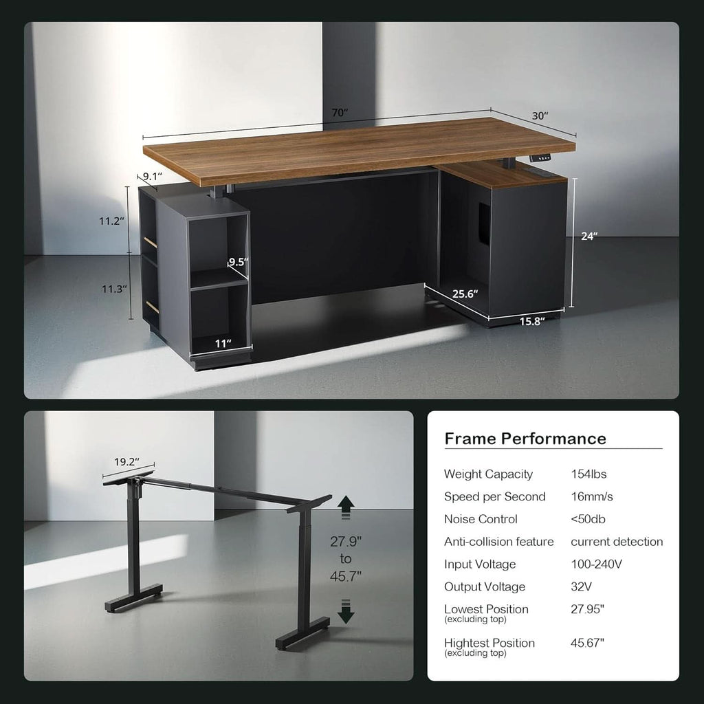 Walnut Seventy OneInch Height Adjustable Standing Desk Cabinets