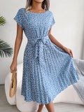 Women's Floral Pleated Midi Dress with Belt – Casual Spring Style