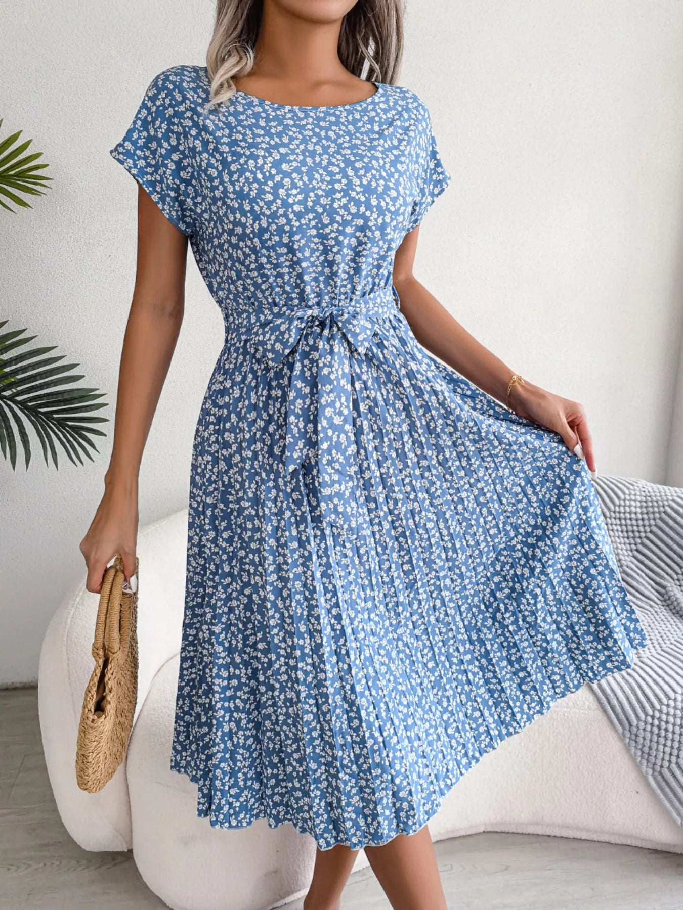 Women's Floral Pleated Midi Dress with Belt – Casual Spring Style