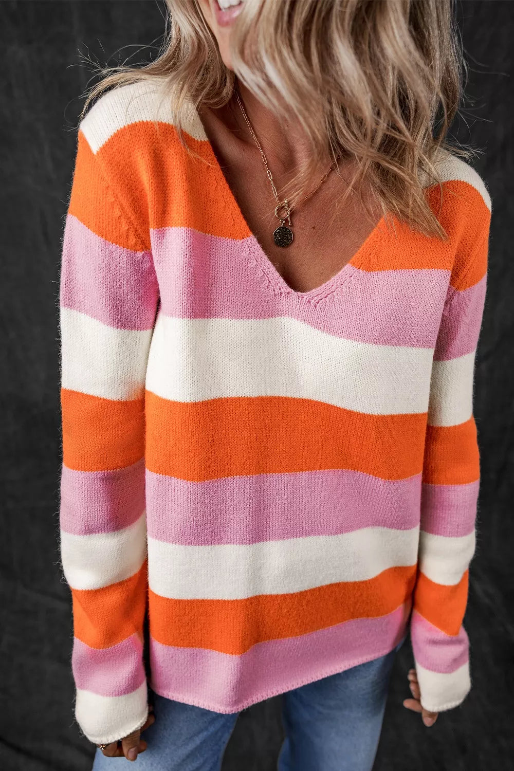 V-Neck Striped Color Block Knit Top