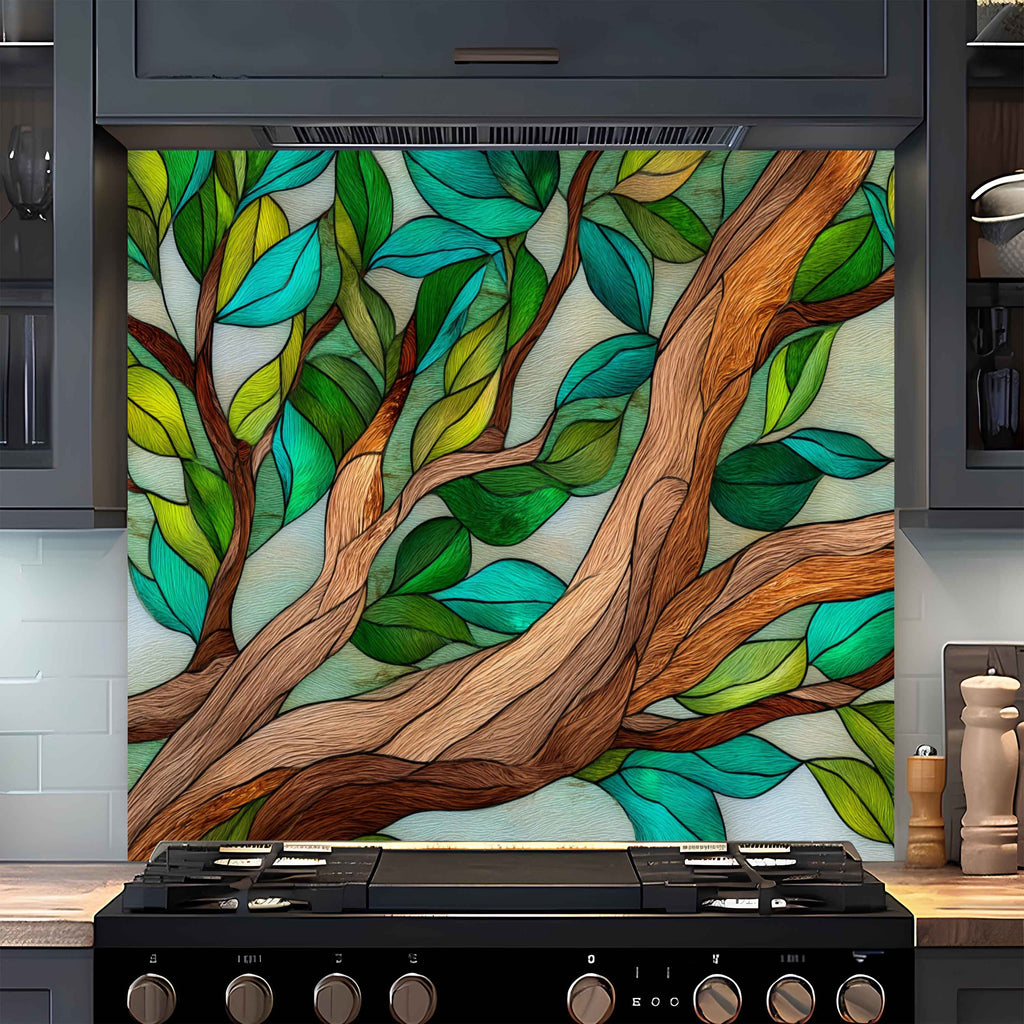 Abrazo Forestal – Protector contra Salpicaduras de Cristal Templado para Cocina | Vitral Inspirado en la Naturaleza
