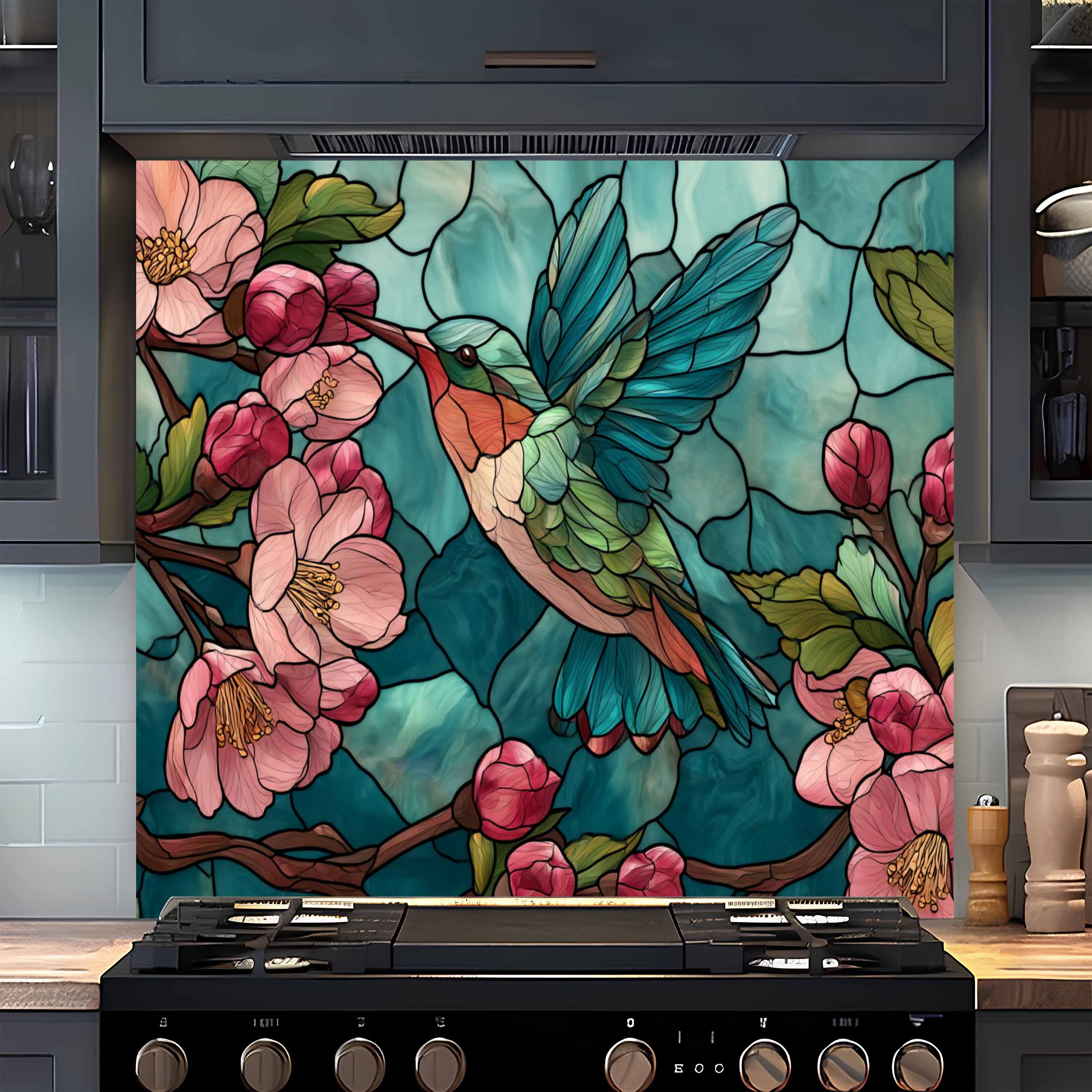 Néctar de Flores – Protector contra salpicaduras de cocina de cristal templado con colibrí