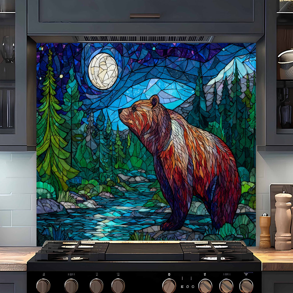 Salpicadero de cocina con diseño de oso nocturno estilo vidriera en mosaico "Moonlit Strength"