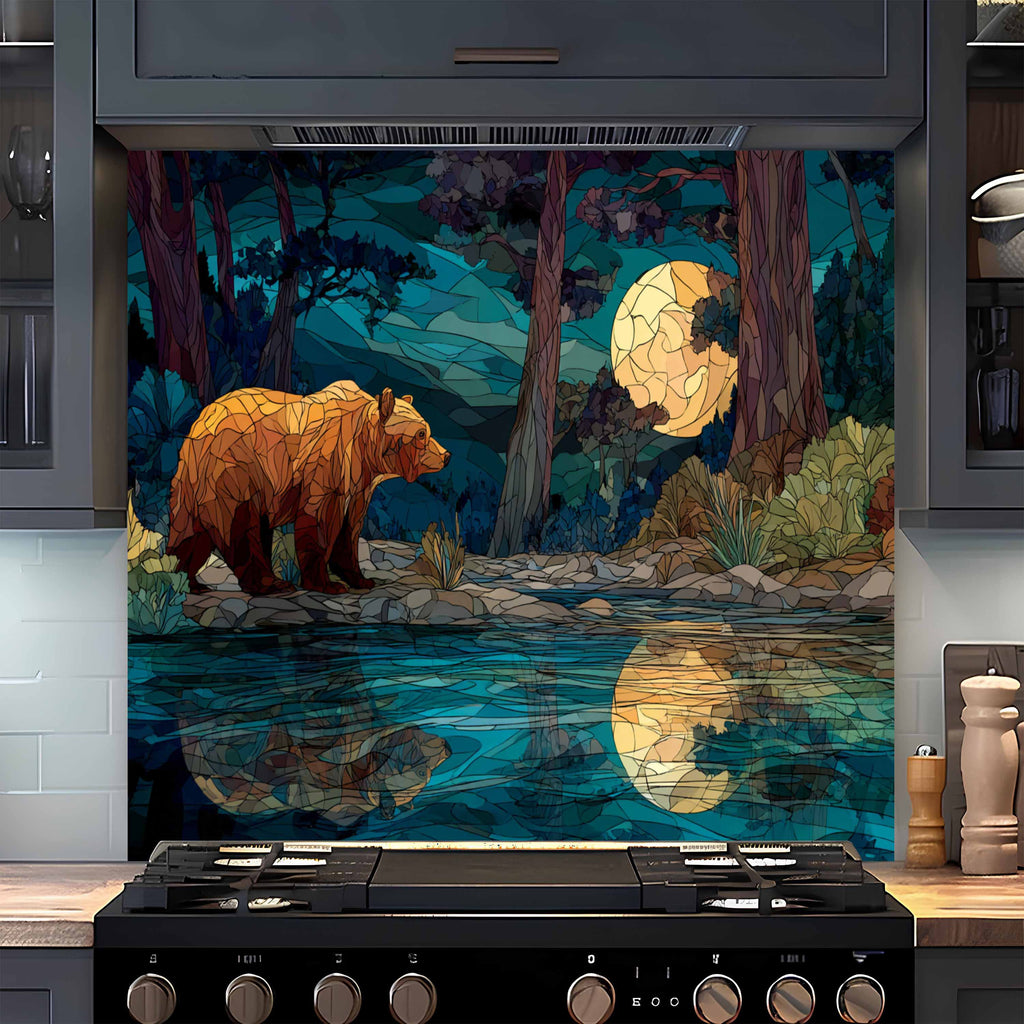 Moonlit Bear – Tempered Glass Backsplash For Forest Cabin Kitchen Style