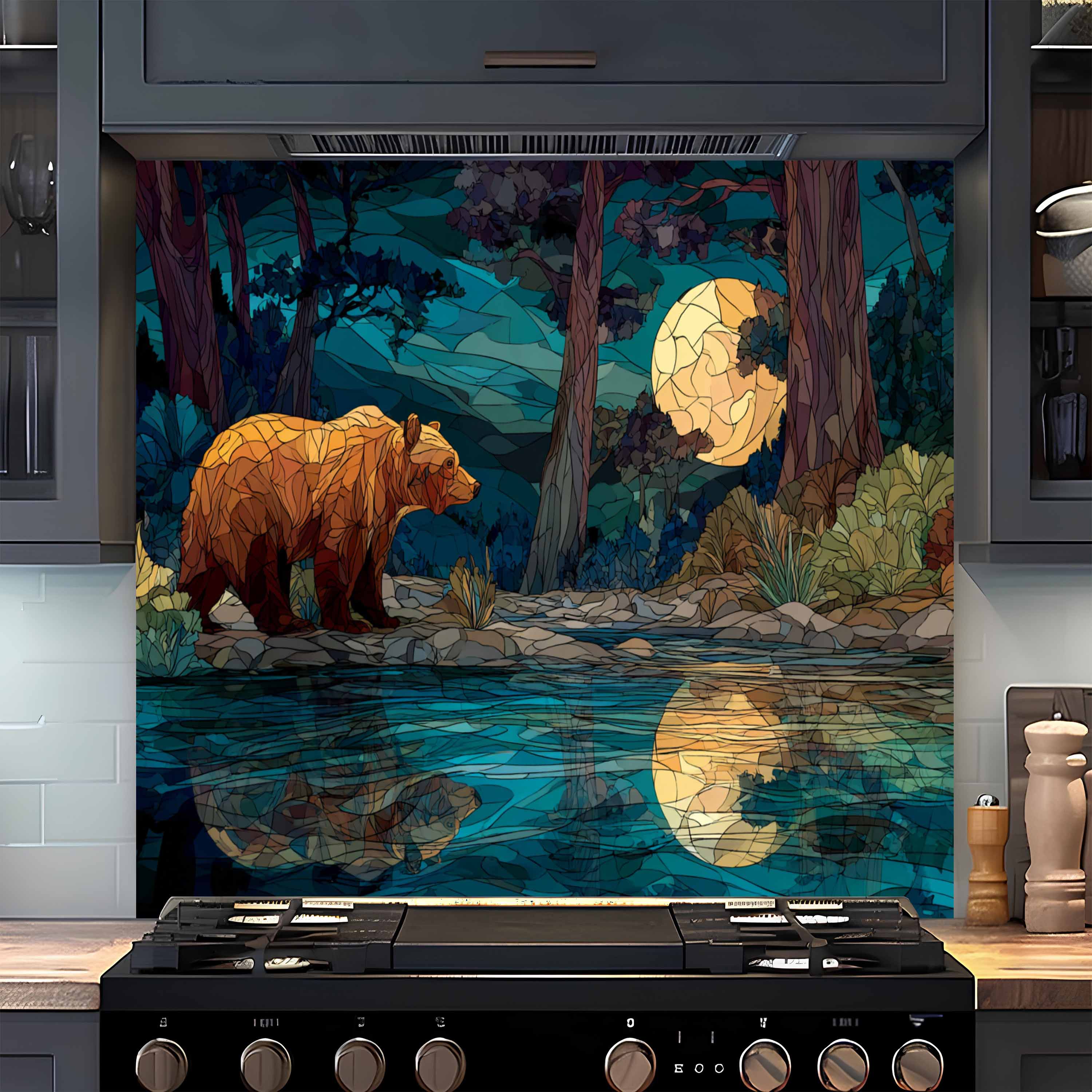 Moonlit Bear – Tempered Glass Backsplash For Forest Cabin Kitchen Style