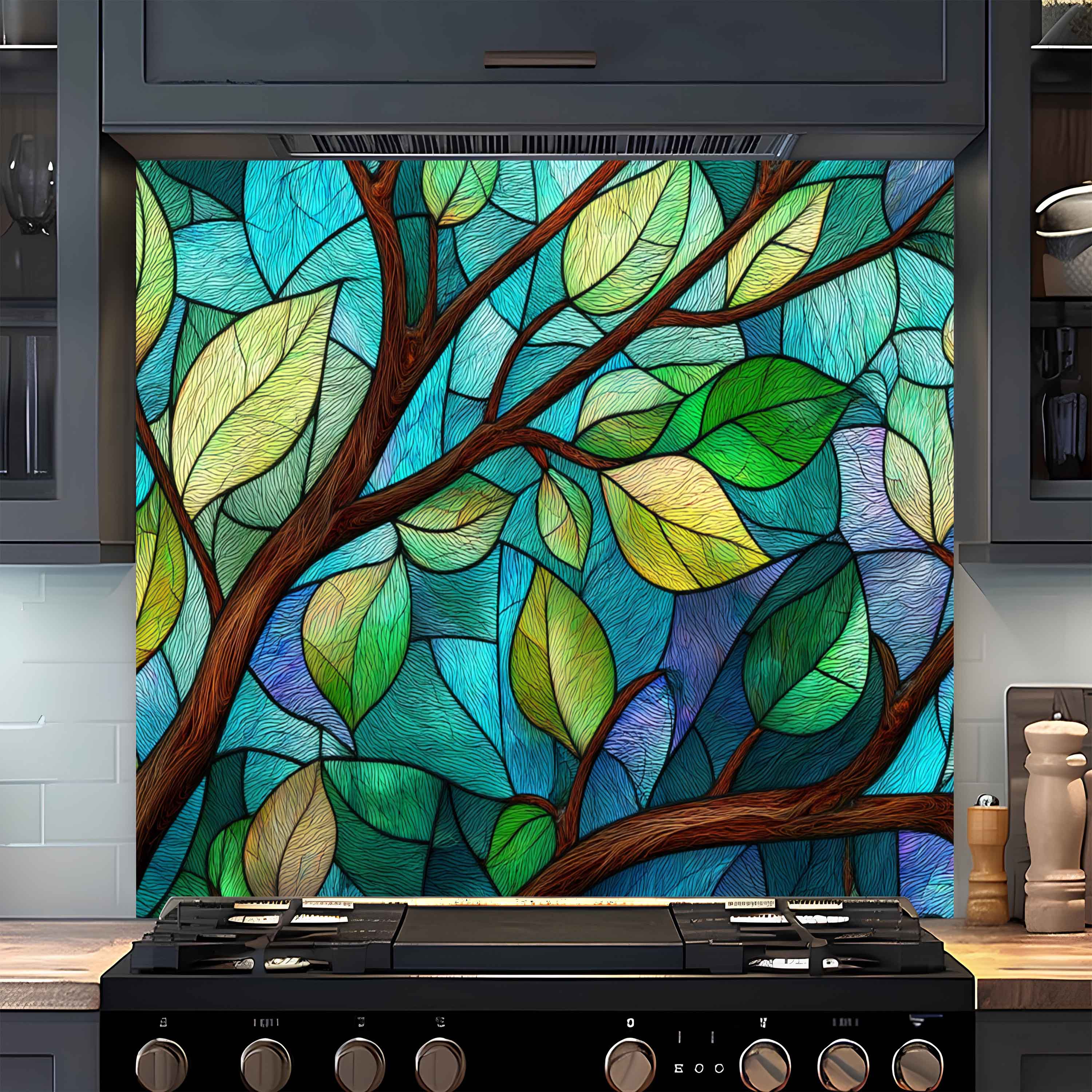 Tranquil Branches – Tempered Glass Backsplash for Kitchen | Tree Leaves Splashback