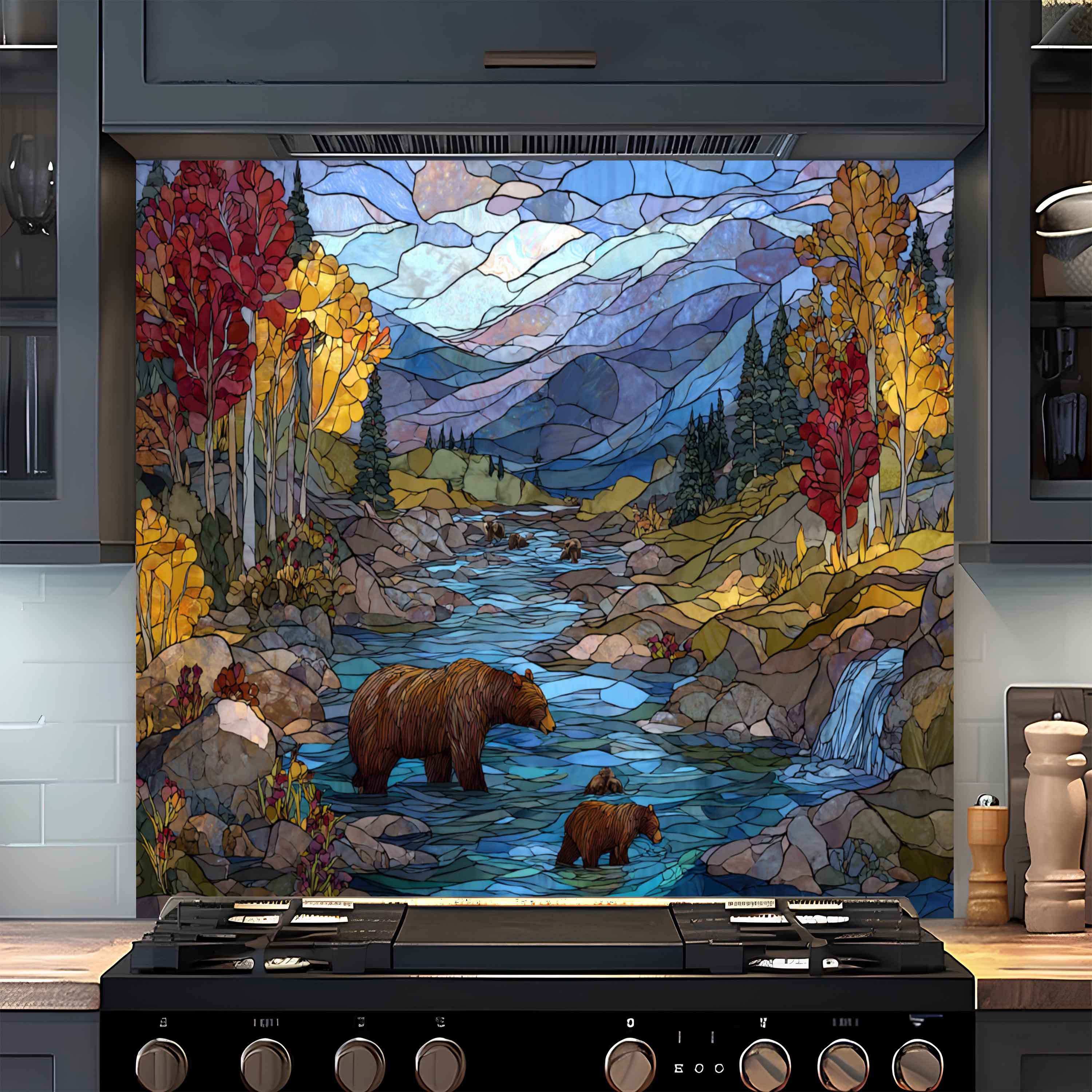 Autumn River – Tempered Glass Backsplash With Bear Family And Fall Trees