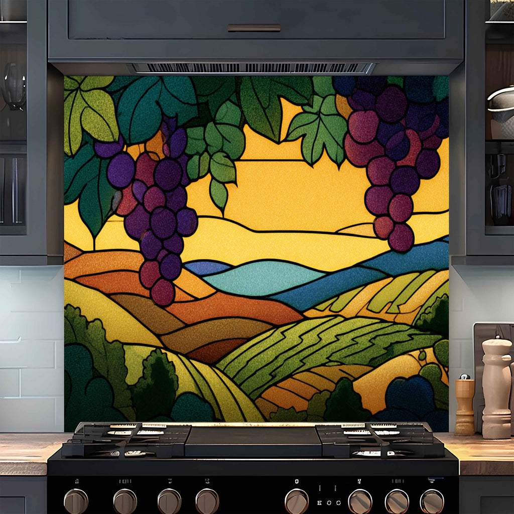 Tempered Glass Backsplash for Kitchen | Stained Glass Grape Field Landscape Design