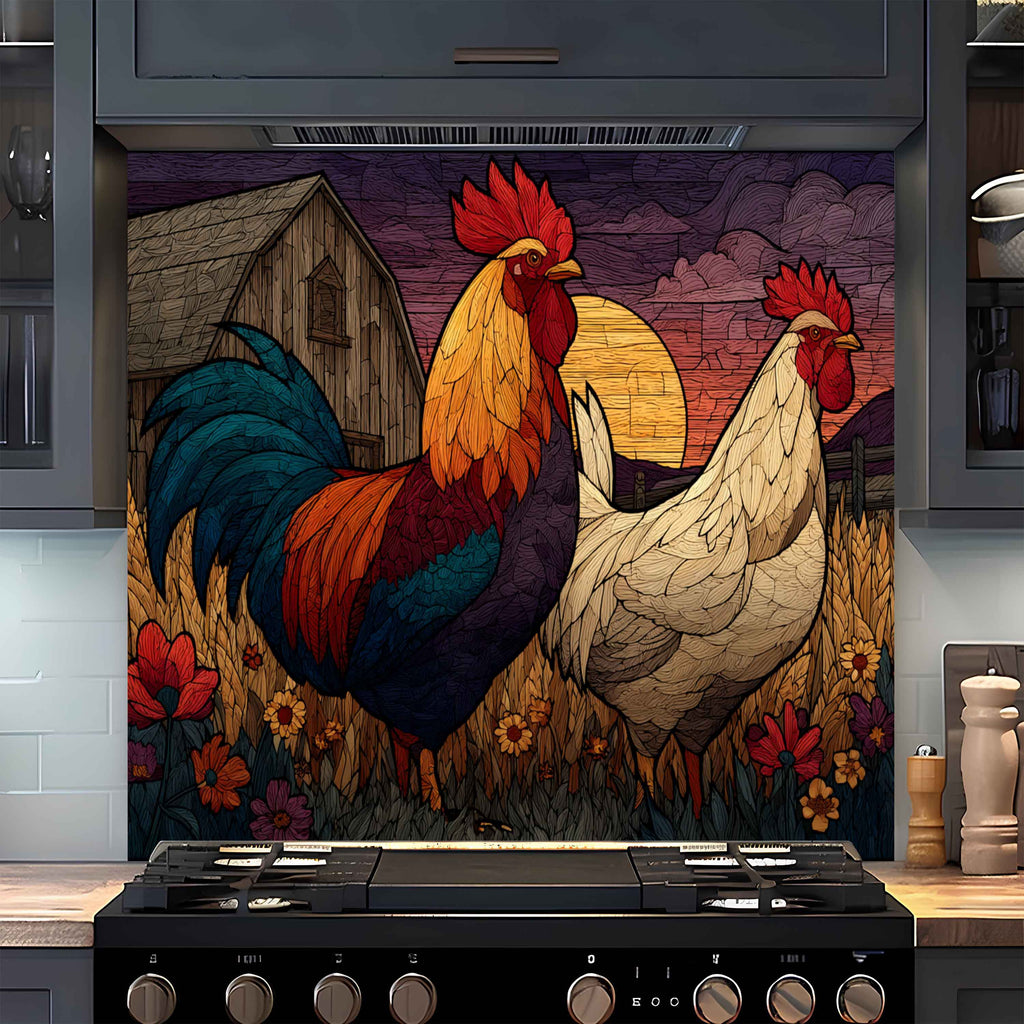 Salpicadero de Vidrio Templado para Cocina | Diseño de Escena de Granja de Gallo y Gallina Rústicos