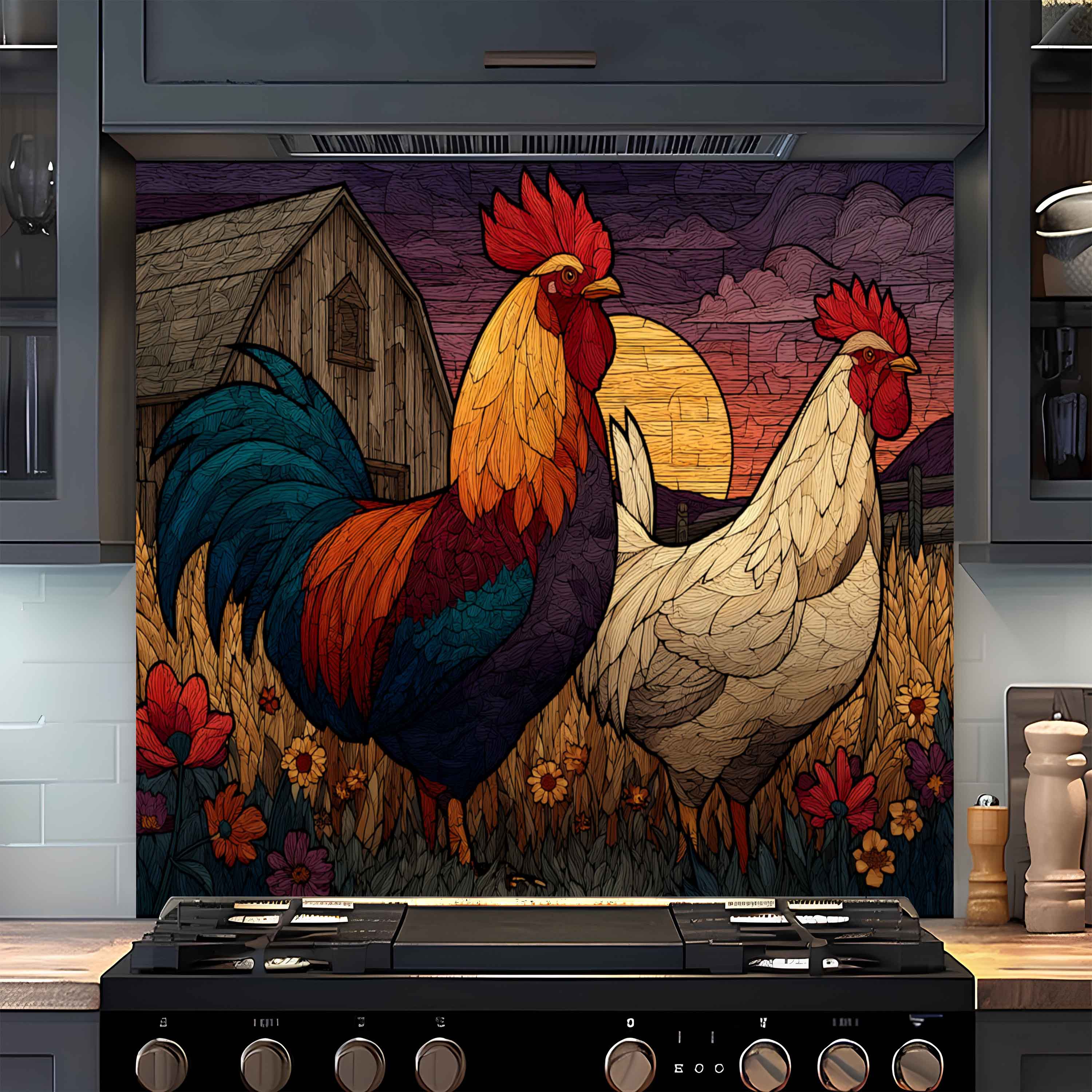 Salpicadero de Vidrio Templado para Cocina | Diseño de Escena de Granja de Gallo y Gallina Rústicos