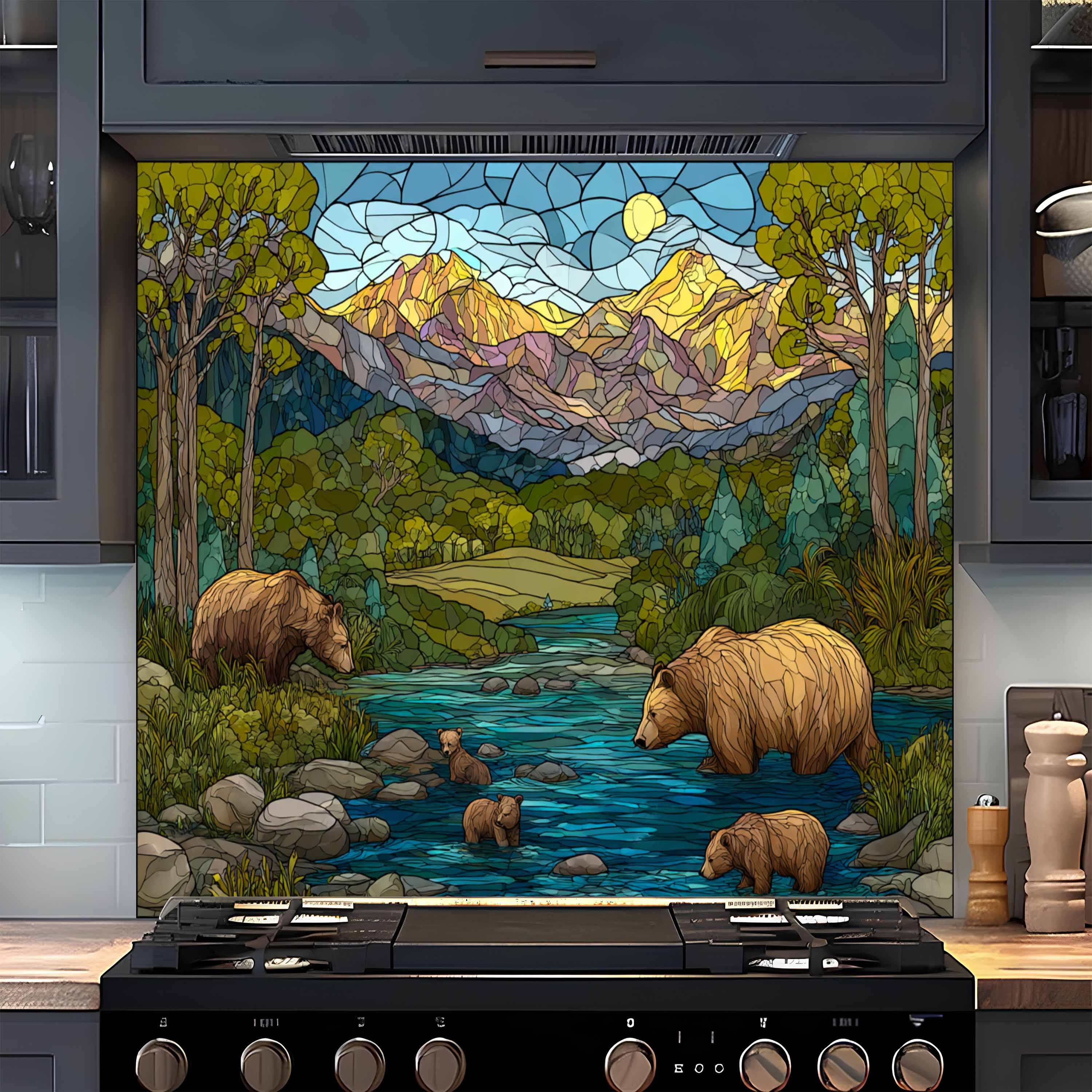 Stained Glass Look Golden Summit – Tempered Glass Backsplash For Rustic Homes
