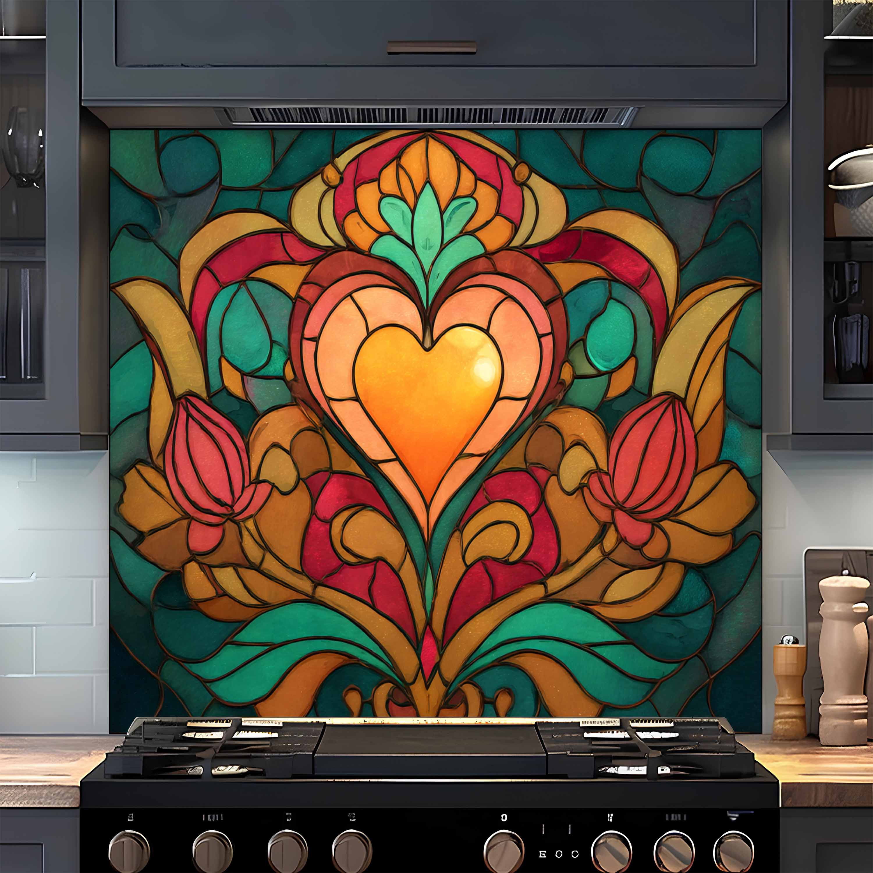 Tempered Glass Backsplash for Kitchen | Stained Glass Heart and Tulip Design