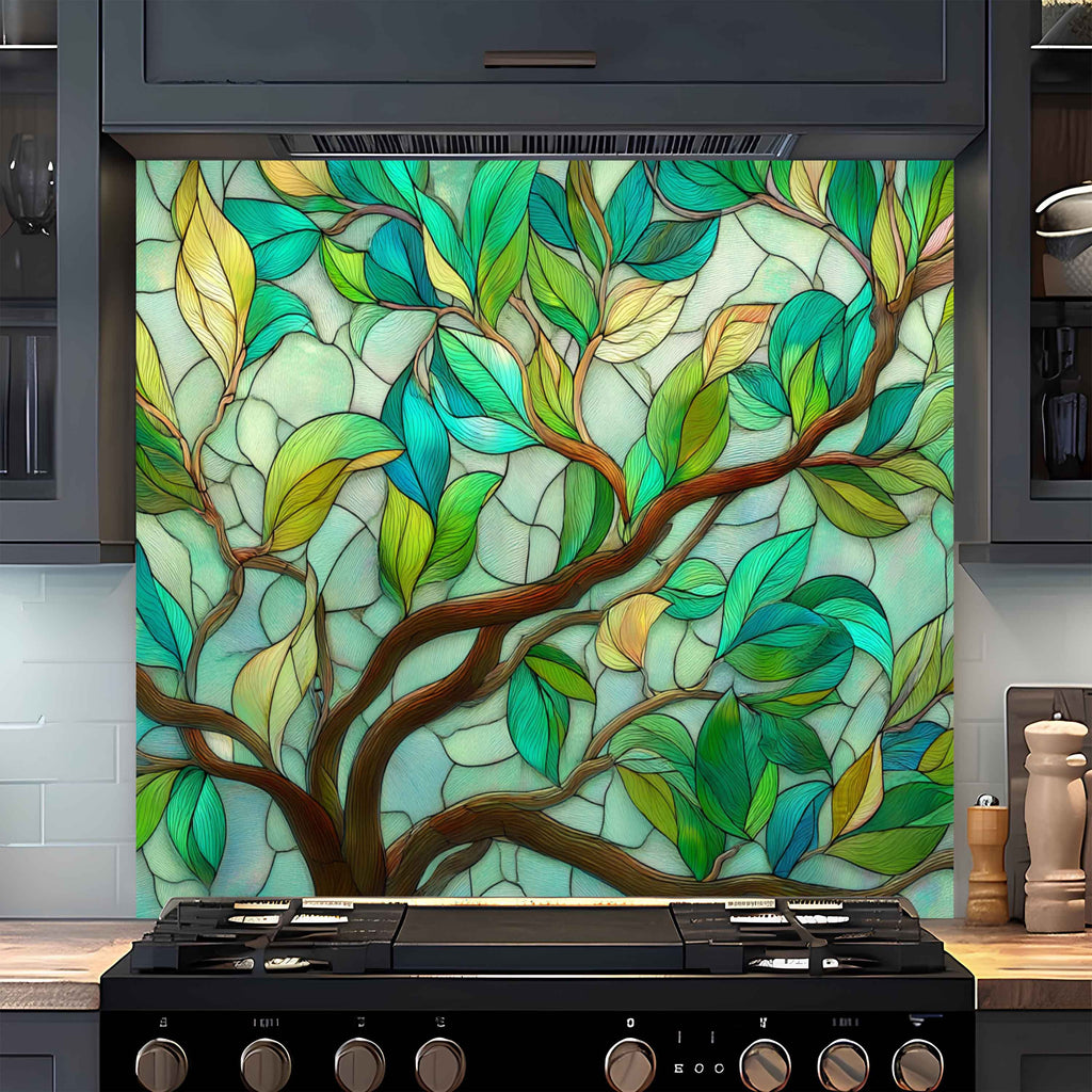 Tranquil Branches – Tempered Glass Backsplash with Tree Branch and Leaf Design