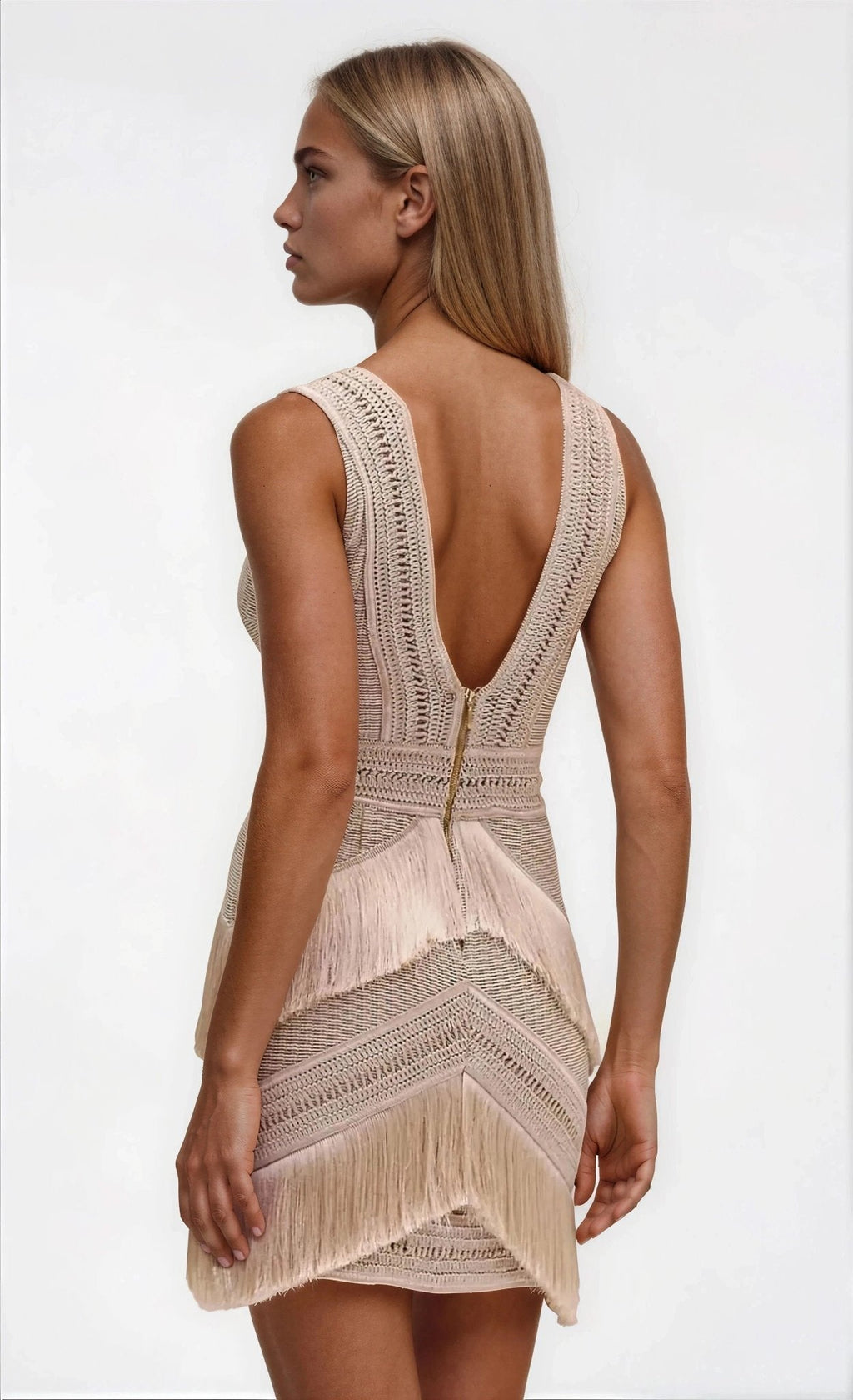 Deep V-Neck Fringe Mini Dress – Clay