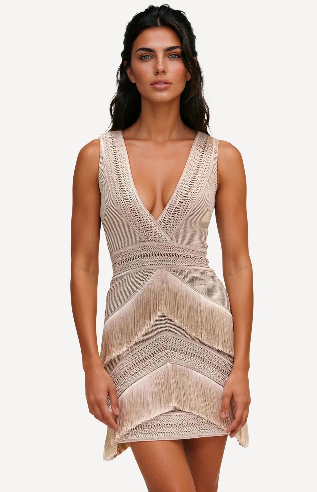 Deep V-Neck Fringe Mini Dress – Clay