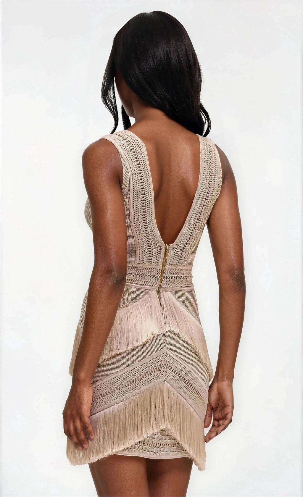 Deep V-Neck Fringe Mini Dress – Clay
