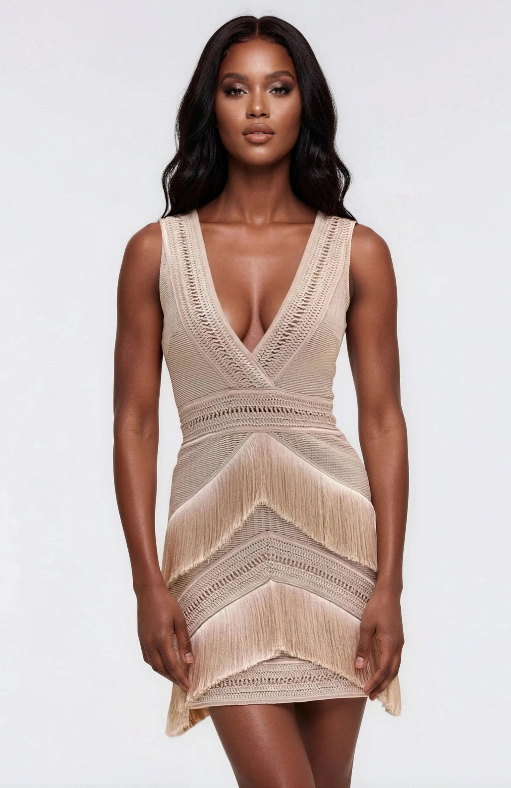 Deep V-Neck Fringe Mini Dress – Clay