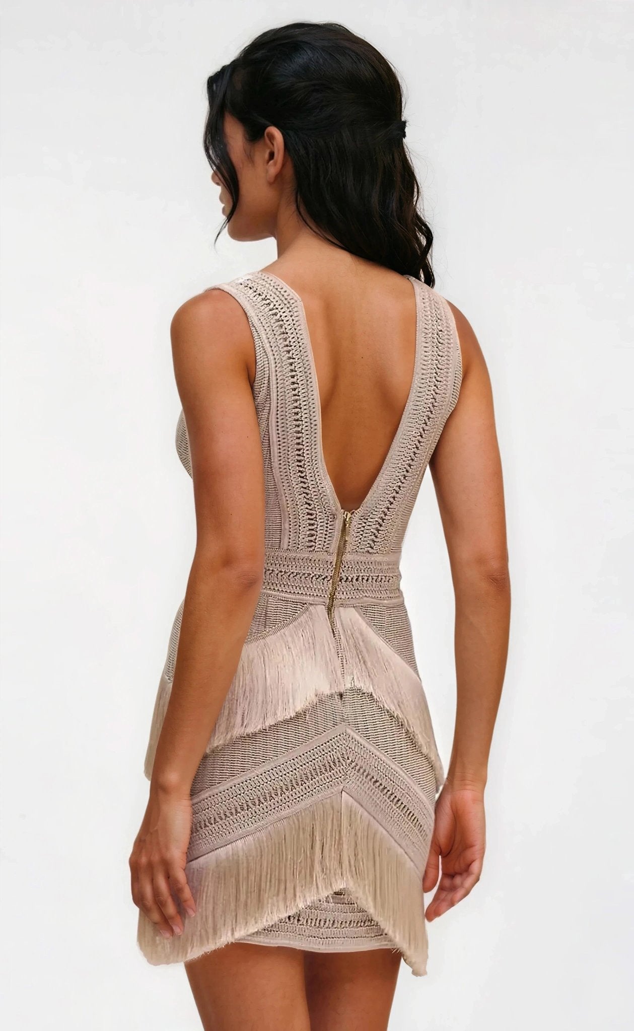 Deep V-Neck Fringe Mini Dress – Clay