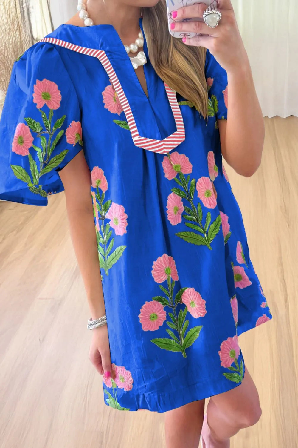 Floral Notched Summer Mini Dress with Striped Trim