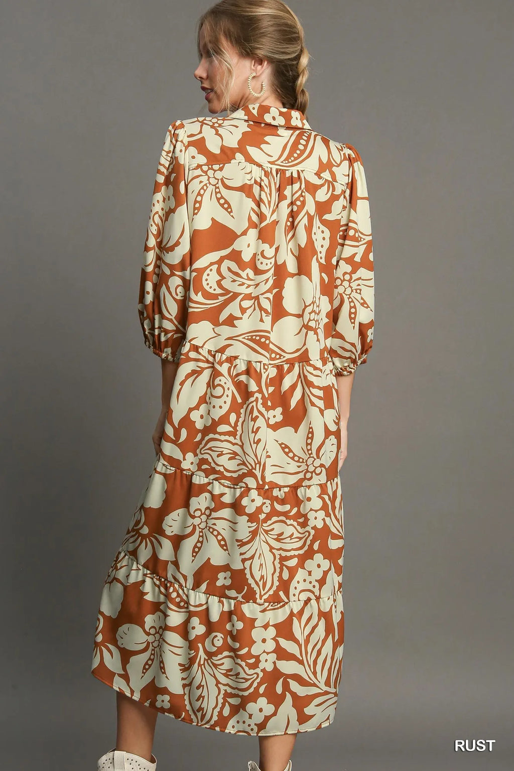 Full Size Floral Tiered Midi Shirt Dress Plus Size