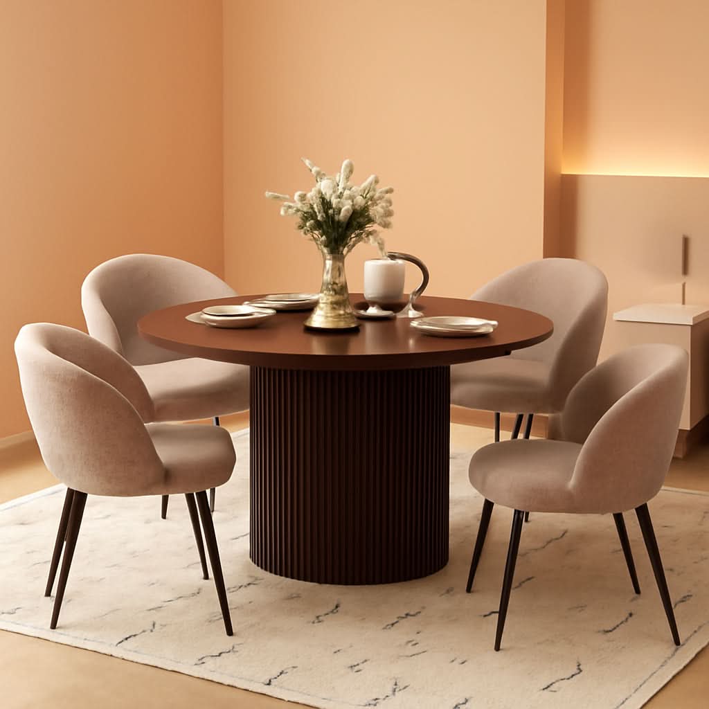 Juego de comedor redondo de cuarenta y siete pulgadas, sillas con vetas de madera con acabado nogal