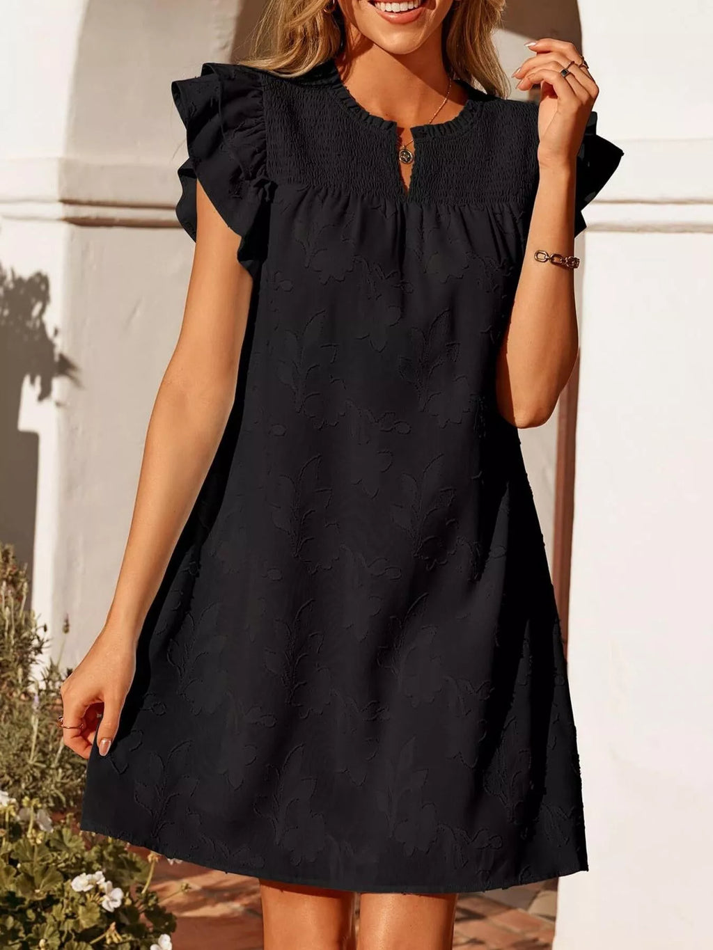 Floral Embossed Ruffle Sleeve Mini Dress