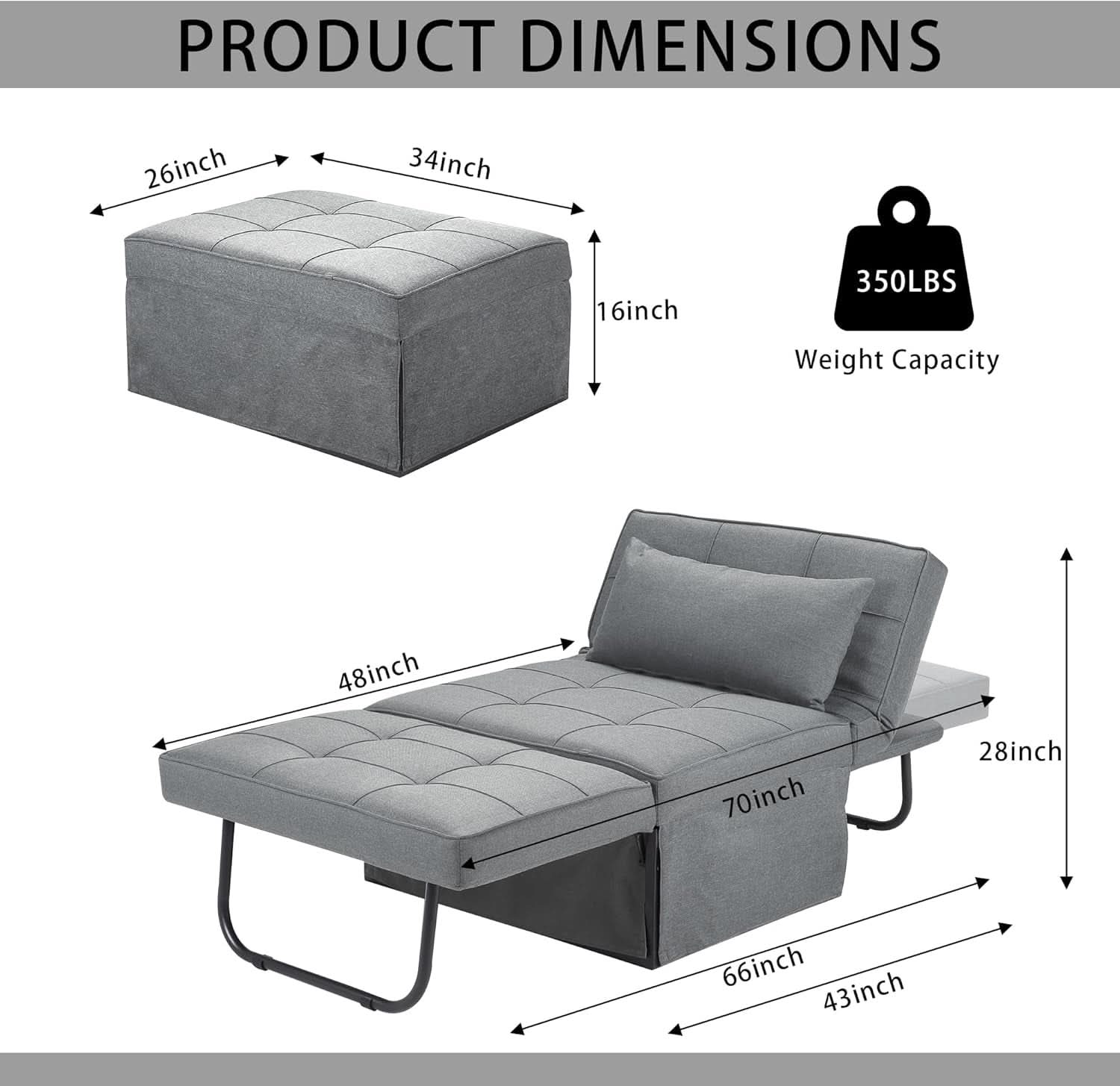 Sofá cama convertible otoman de diseño contemporáneo gris claro