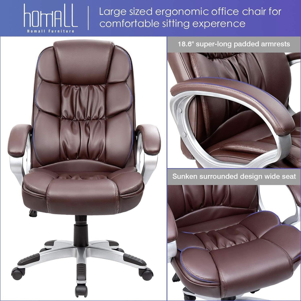 Sillón de oficina ergonómico con respaldo alto, lumbar, de cuero sintético marrón