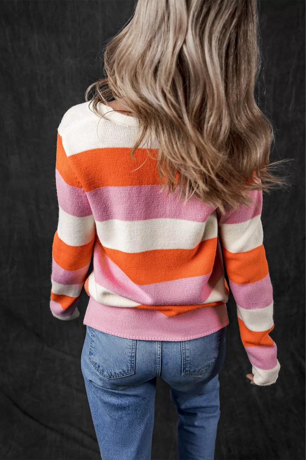 V-Neck Striped Color Block Knit Top