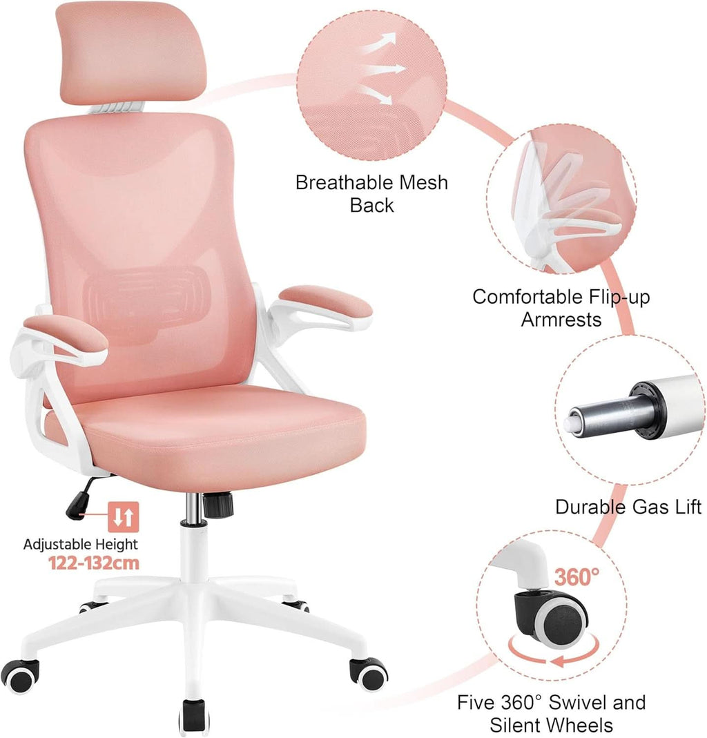 Silla de oficina ergonómica respaldo alto malla blanca rosa lumbar