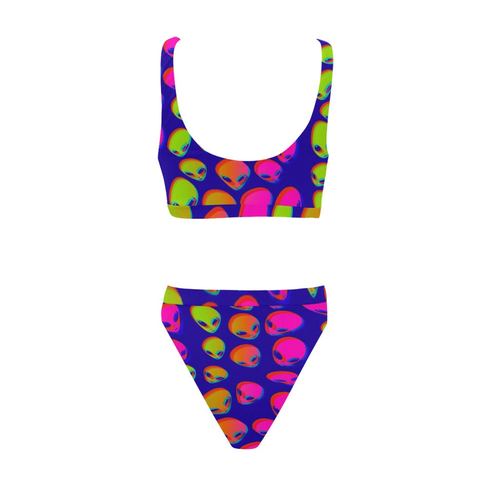 Traje de Baño Bikini Top Deportivo y Tiro Alto Neon Alien Blast / Conjunto de Rave | Reacciona a Luz Negra UV