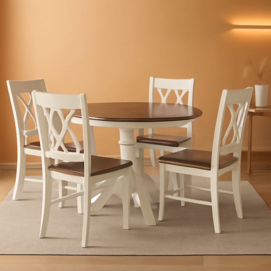 Juego de comedor redondo blanco envejecido de cinco piezas