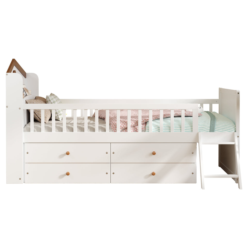 Twin Bed Frame with Storage 4 Drawers,Wooden Bed Frame for Kids,Platform Twin Size Bed with Guardrail Headboard and Ladder, No Box Spring Needed, Easy Assembly, White