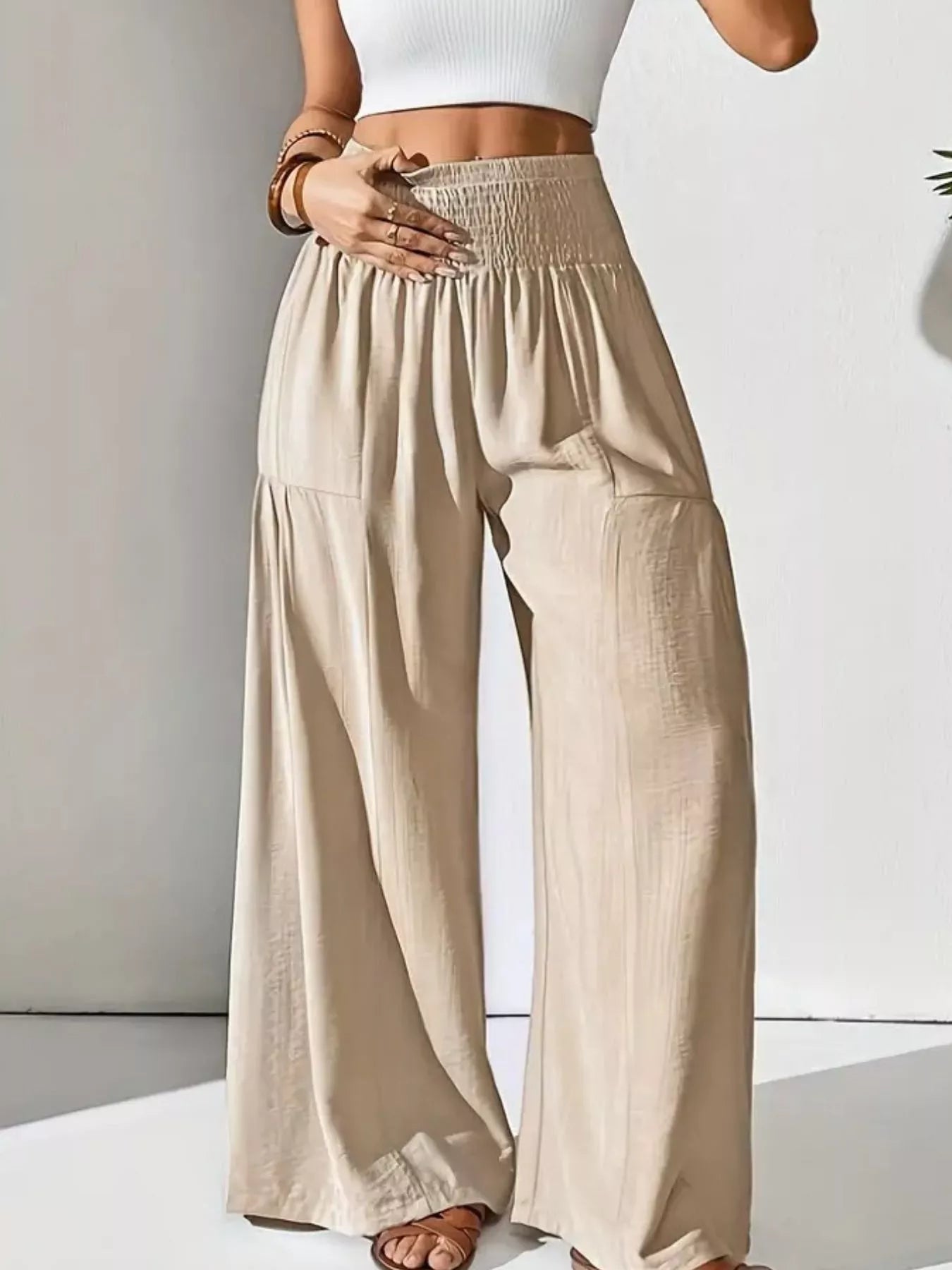 Smocked Waist Wide Leg Pants