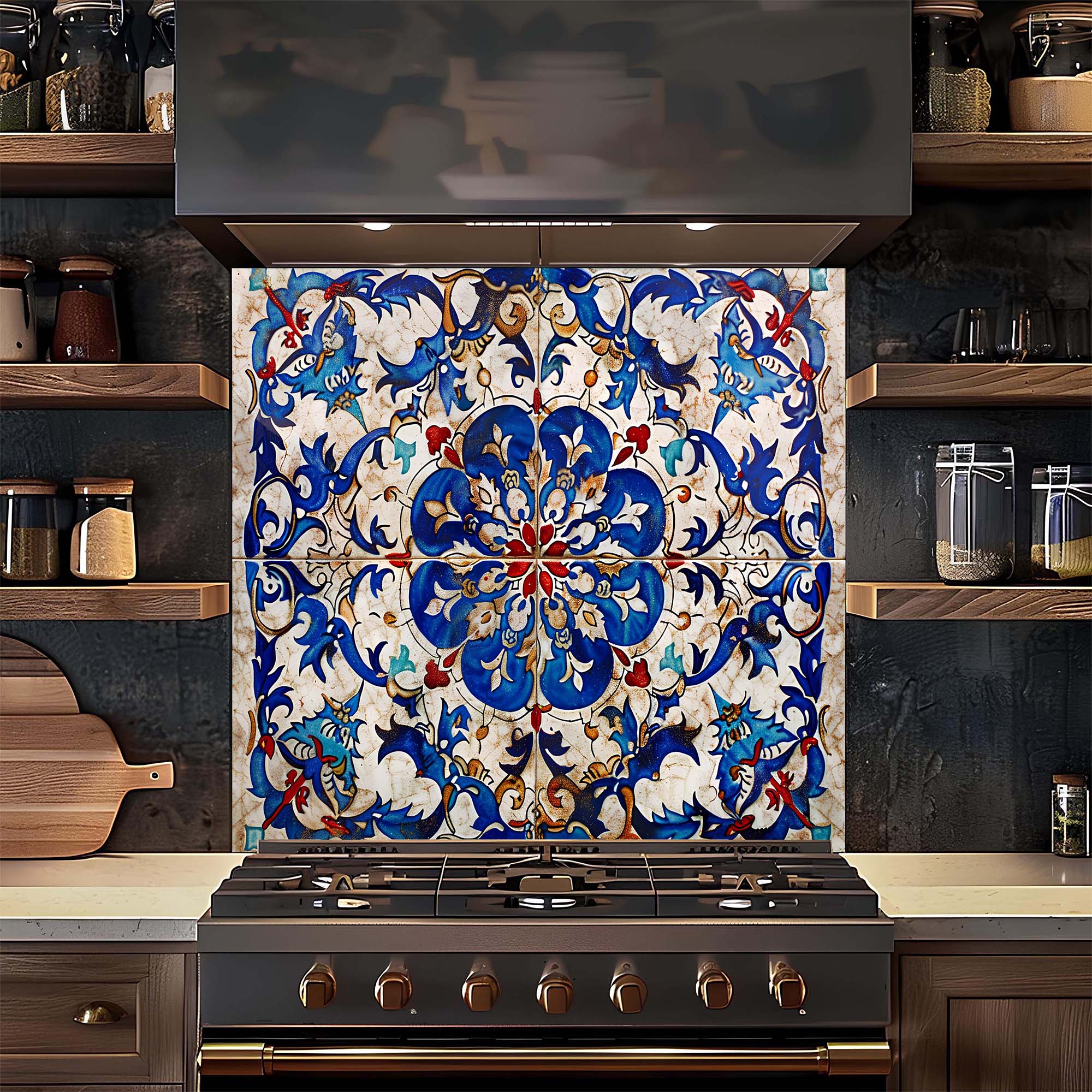 Custom Kitchen Backsplash – Ottoman Blue Tile Tempered Glass Stove Backsplash