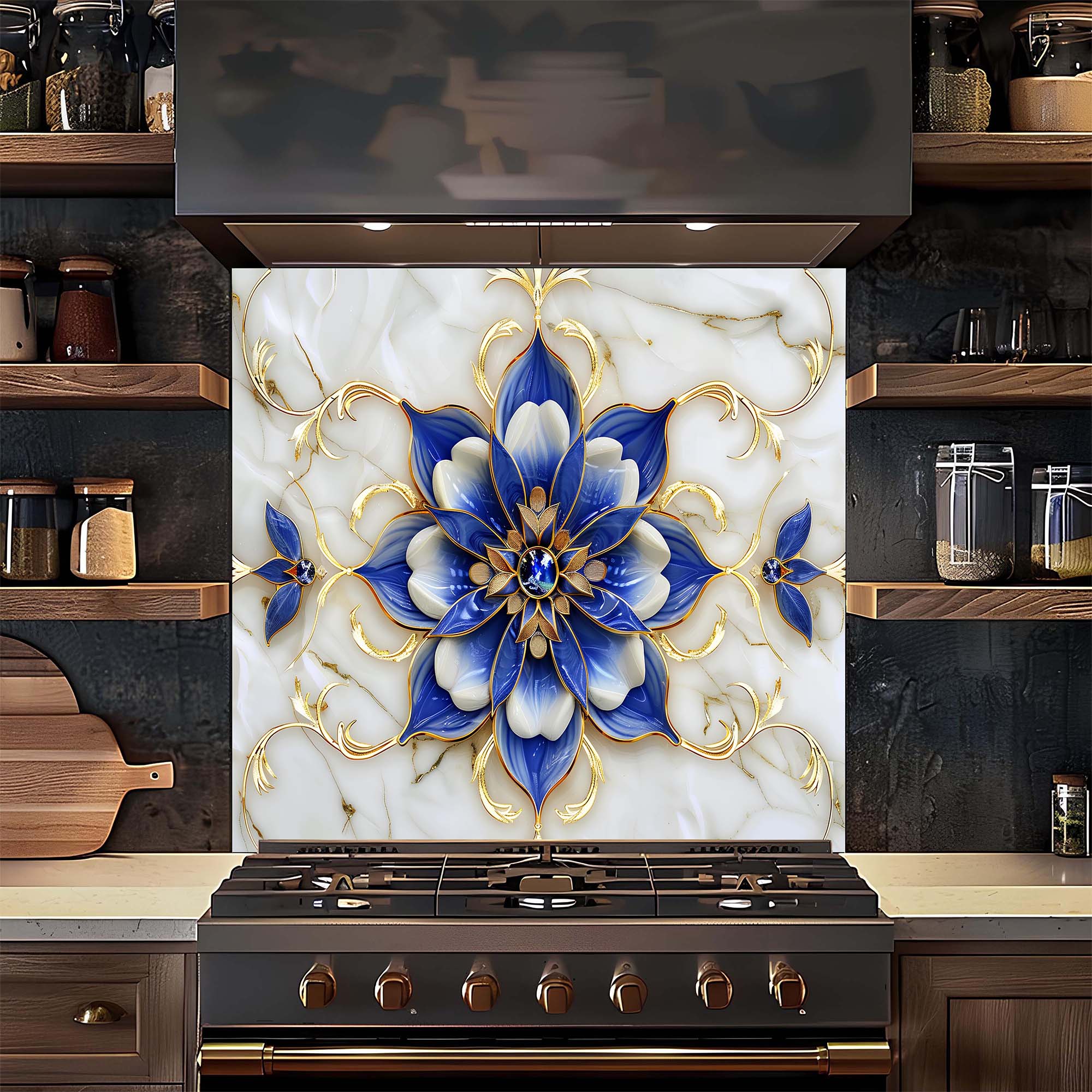 Salpicadero de cristal templado para cocina – Royal Blue Blossom Salpicadero personalizado
