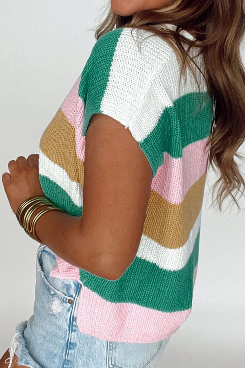 Color Block Notched Cap Sleeve Knit Top