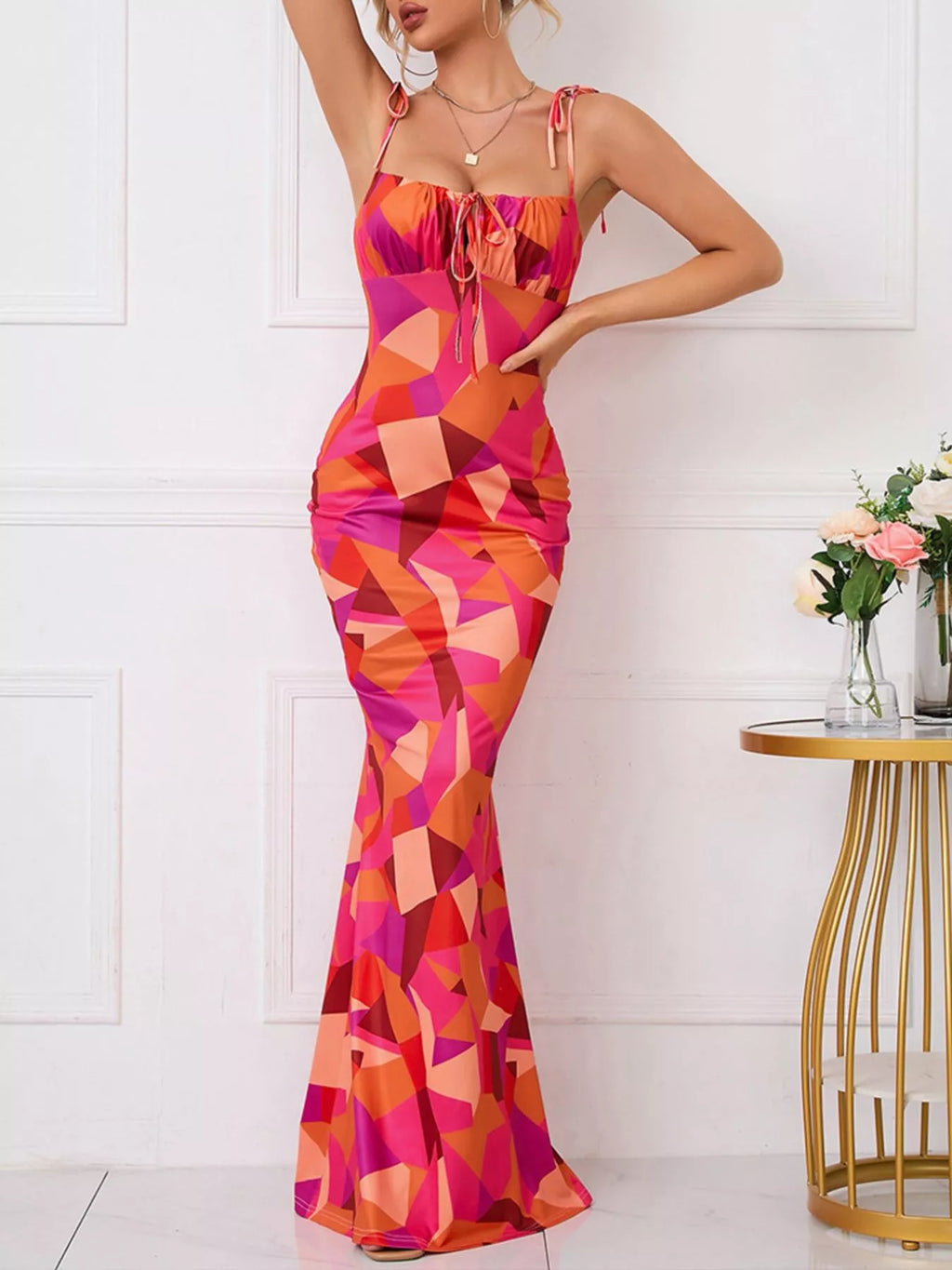 Floral Print Tie Strap Bodycon Maxi Dress